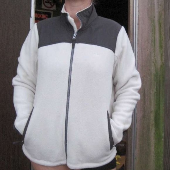Athletic Works Ladies M 8 - 10 Cream Gray Zipper Fleece Sweater Top Tusk Pockets - Picture 1 of 10
